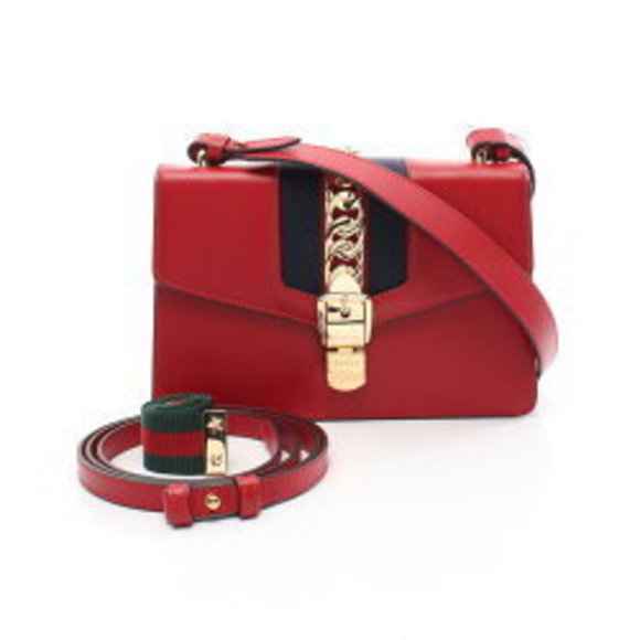 Gucci Sylvie Web Shoulder Bag Leather Canvas Red Navy Blue - Picture 1 of 8